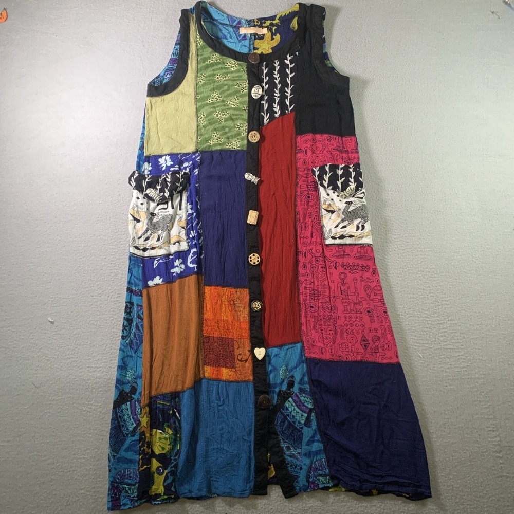 la cera sleeveless patchwork 2746 dress with pockets and buttons sz m